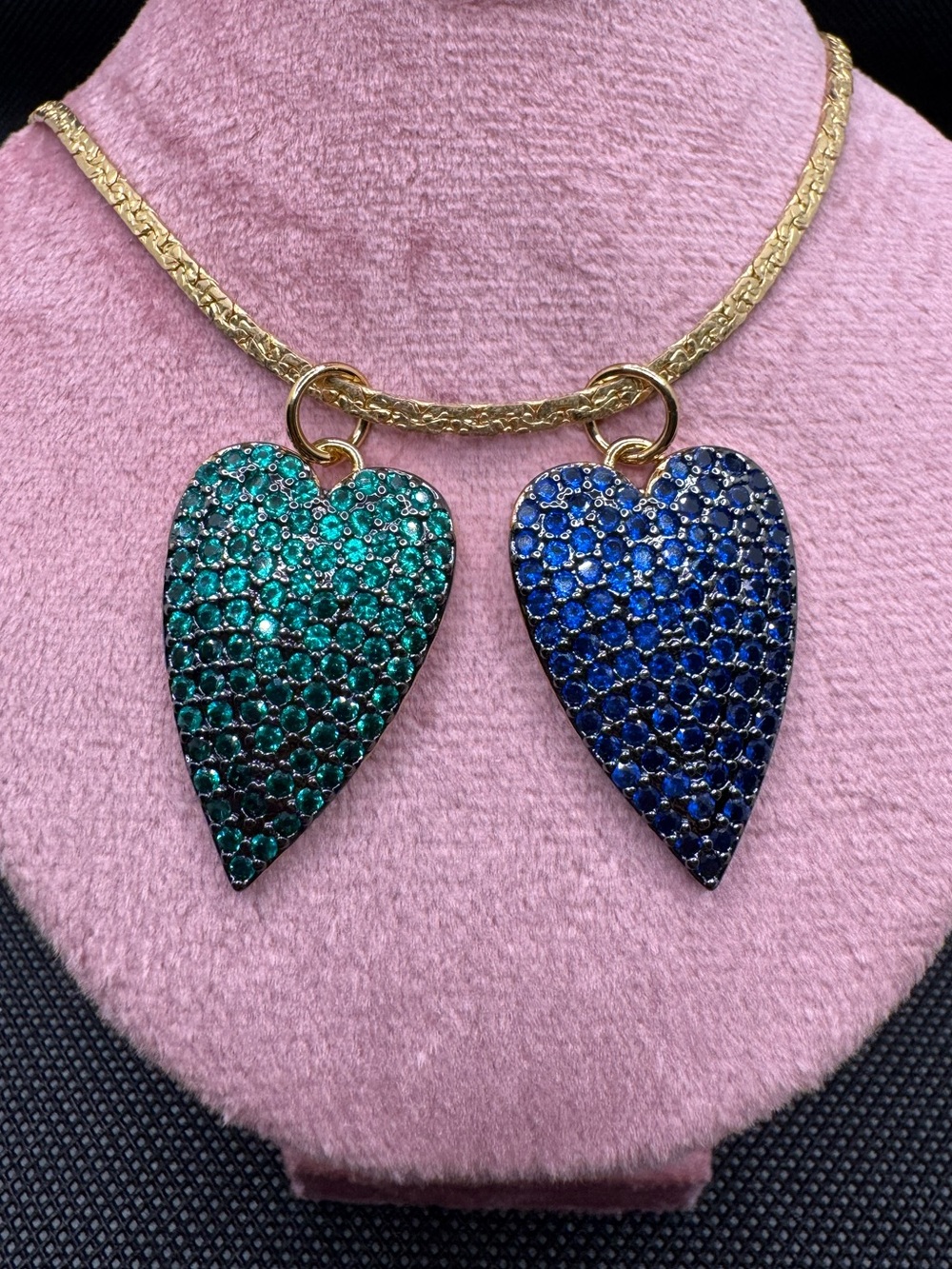 NIB Adina Eden Yellow Gold Plated Emerald and Sapphire CZ Heart Pendants